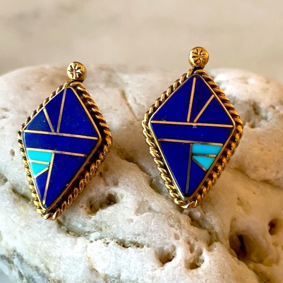 Vintage 14K Gold Lapis Turquoise Native American Earrings - Picture 4 of 16